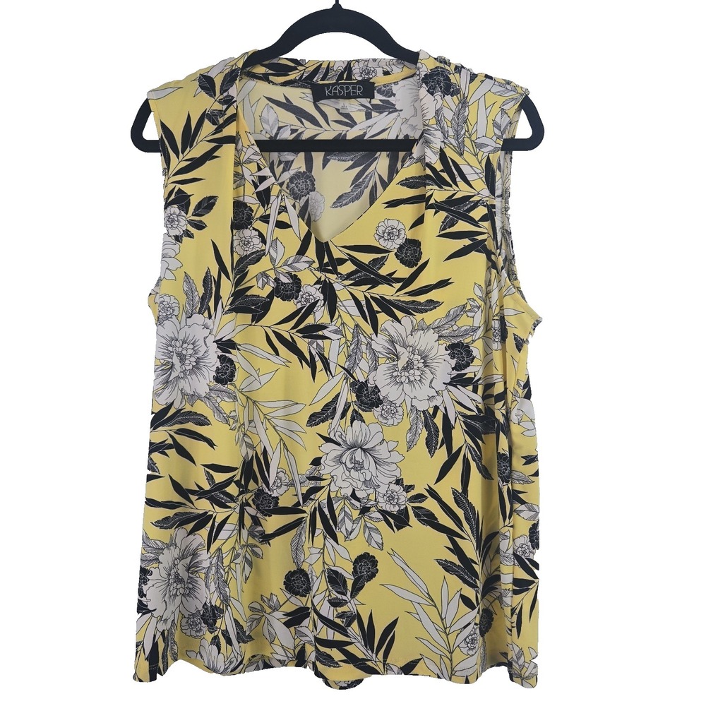 Kasper Yellow Floral Stretch Knit V-neck Sleeveless Top Blouse Large L